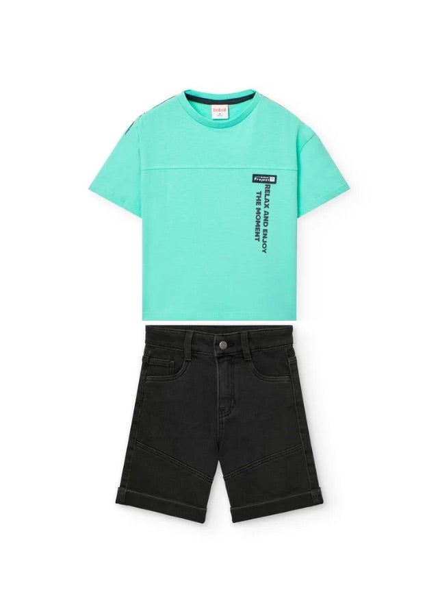 Conj. Camiseta Punto Tintada Y Bermudas Denim Punto