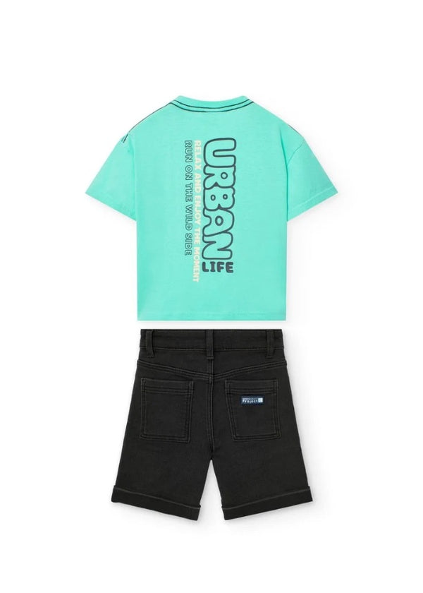 Conj. Camiseta Punto Tintada Y Bermudas Denim Punto