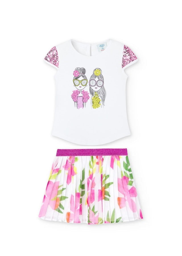 Conj. Camiseta punto elástico y falda gasa plisada