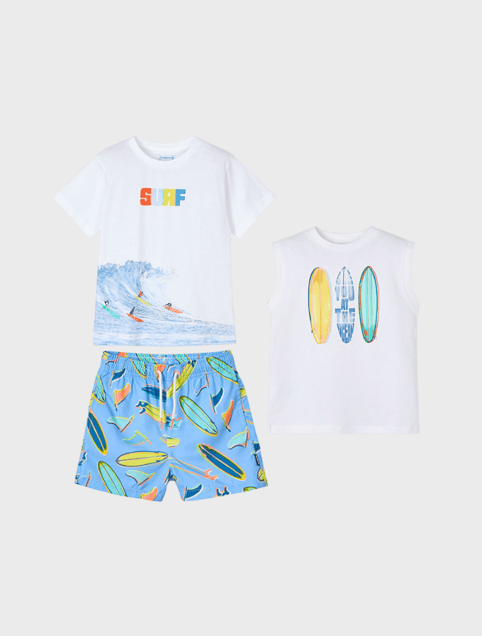 Conj. 3 pcs Camiseta tirantes con Camiseta m/c "wave"y Bermuda bañador