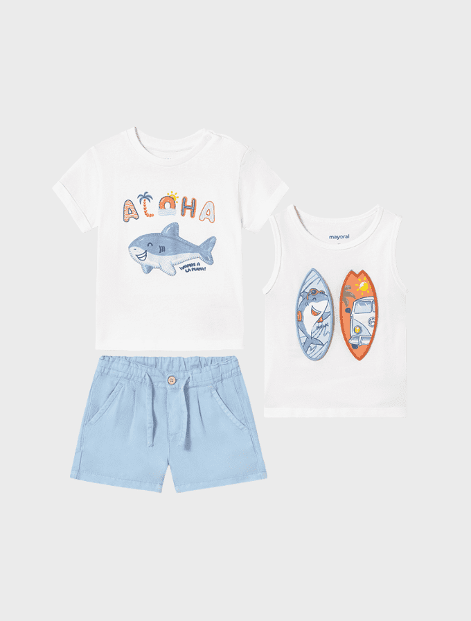 Conj. Camiseta m/c aplique-Camiseta tirantes play tablas y Bermuda lino relaxed
